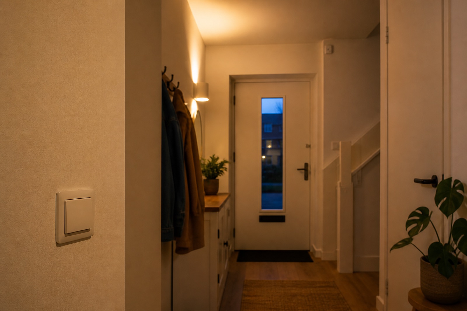 Warme halverlichting met zichtbare schakelaar en discrete bewegingssensor als context voor een voorspelbare automatisering