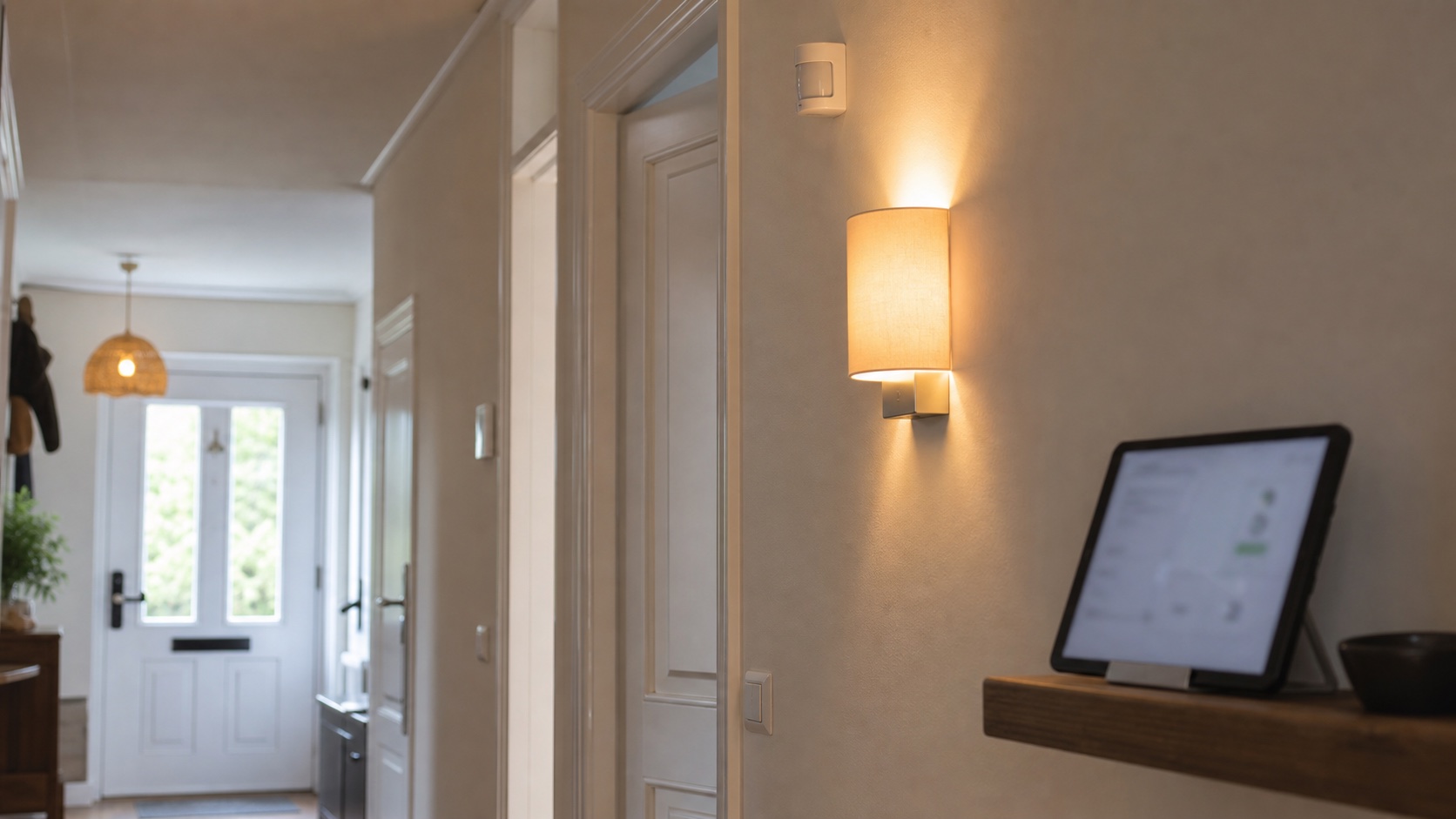 Bewegingssensor, brandende hal-lamp en tablet als context voor het stap voor stap controleren van een Home Assistant-automatisering