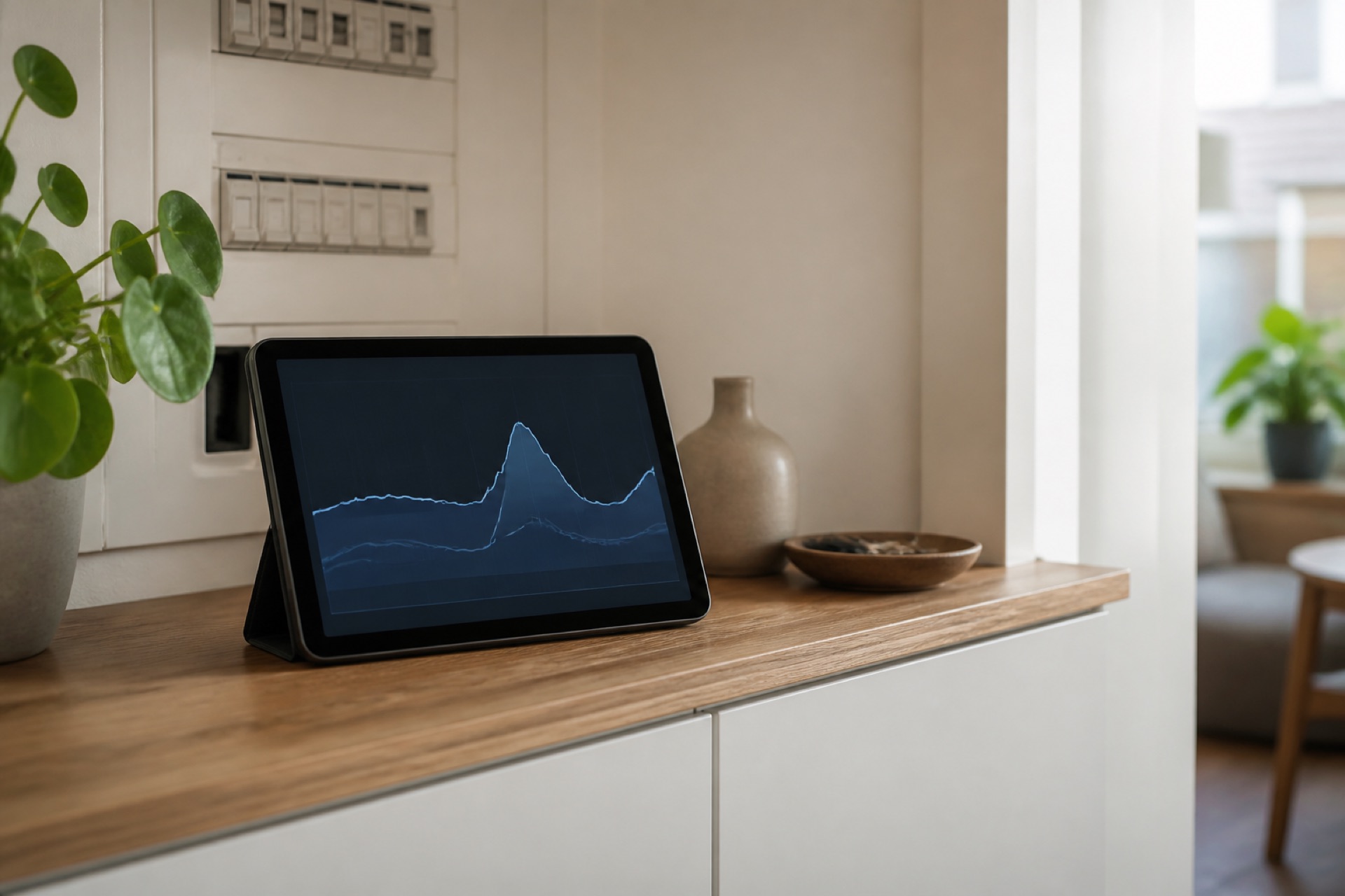 Tablet met een energieverbruiksgrafiek en één duidelijke piek als context voor onderzoek in Home Assistant