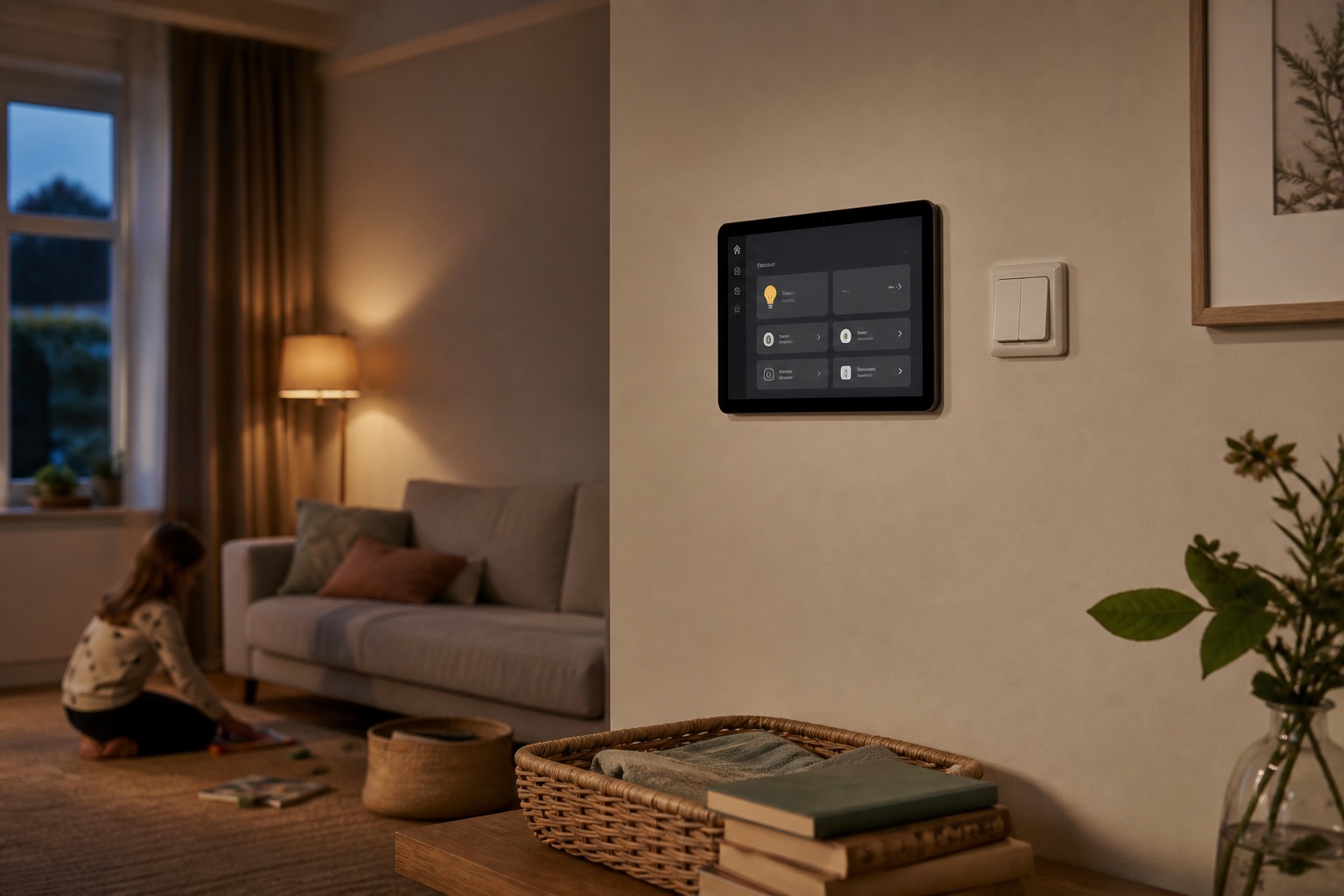 Tablet en gewone lichtschakelaar in een woonkamer als context voor begrijpelijke Home Assistant-bediening in een gezin