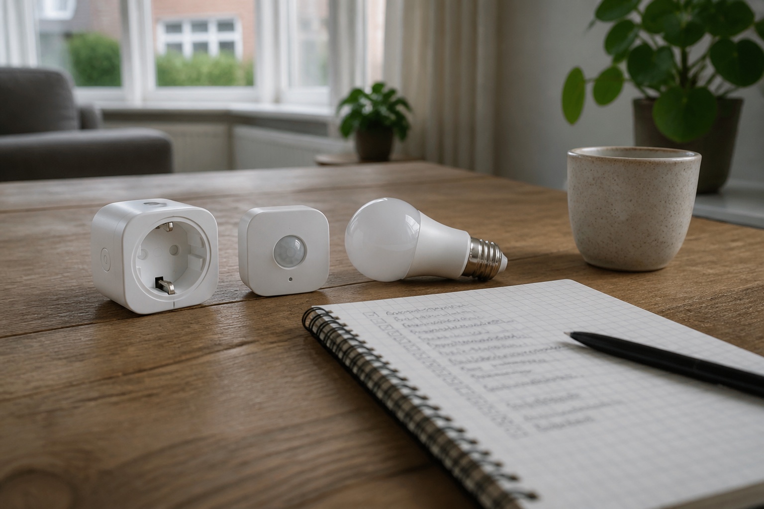 Stekker, sensor en lamp op tafel als context voor een Matter-apparatenchecklist