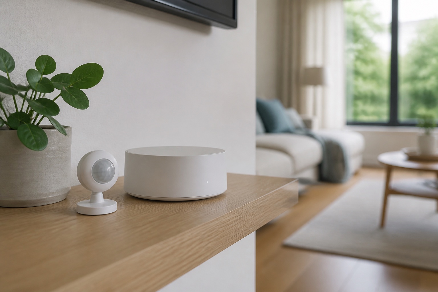 Rustige plank met hub en sensor als context voor een uitleg over Matter