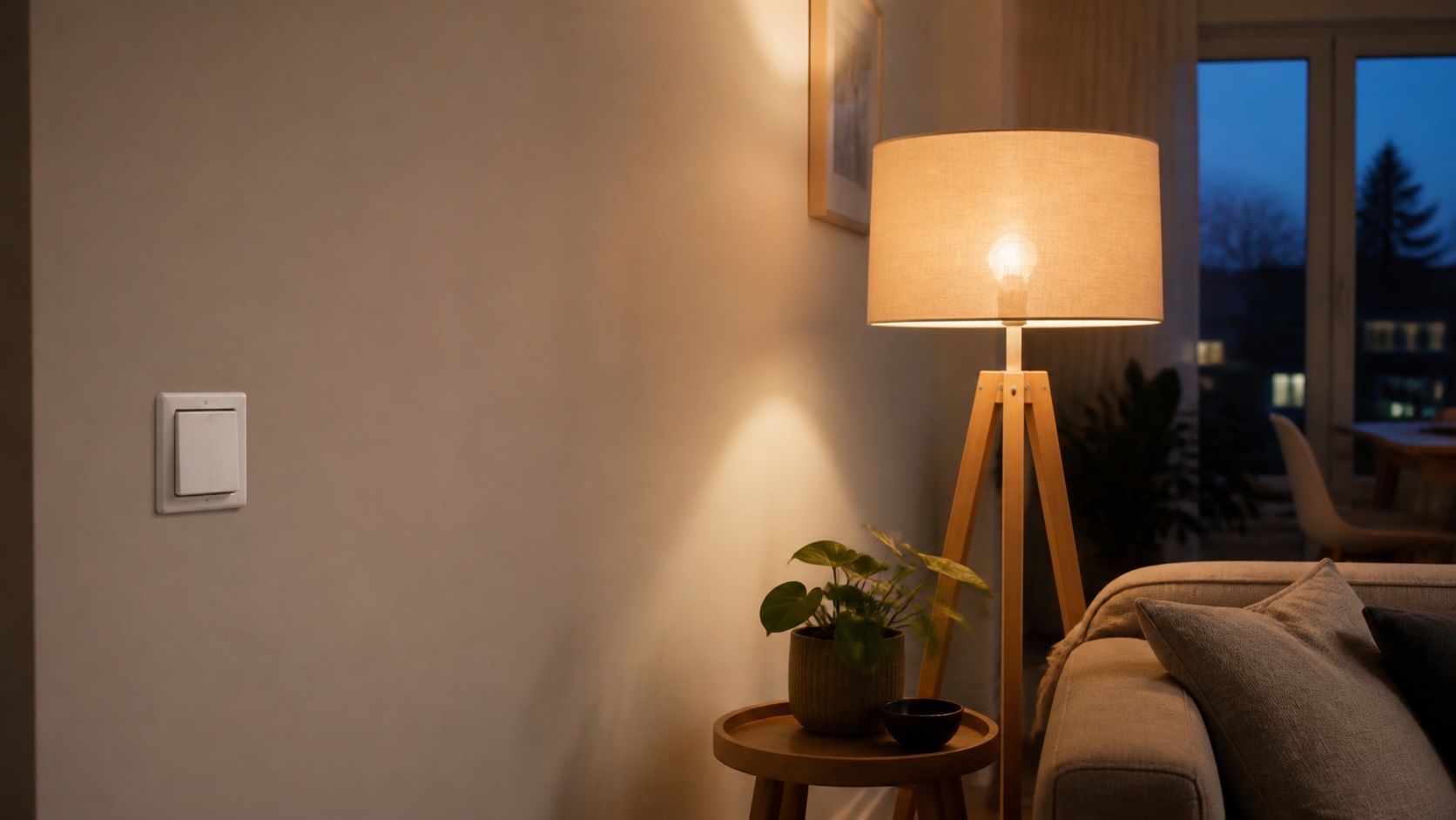 Warme woonkamer met een brandende lamp en bruikbare wandschakelaar als context voor de keuze tussen slimme lampen en slimme schakelaars