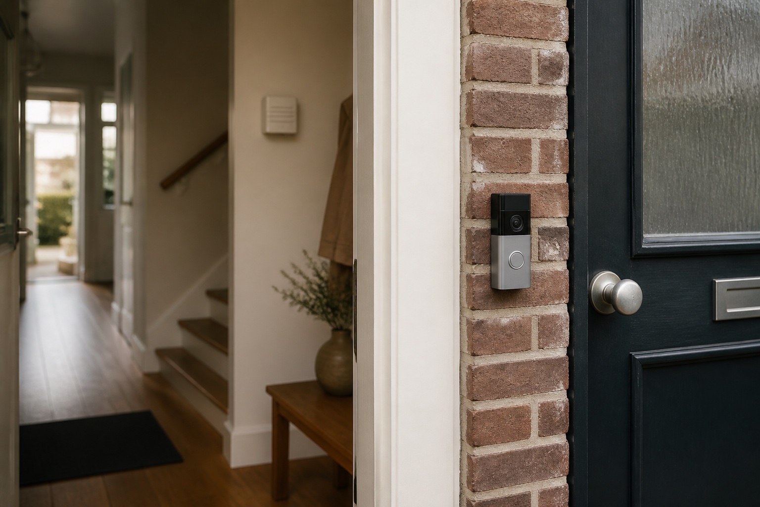 Merkneutrale slimme deurbel bij een voordeur met een bestaande binnen-gong zichtbaar in de hal