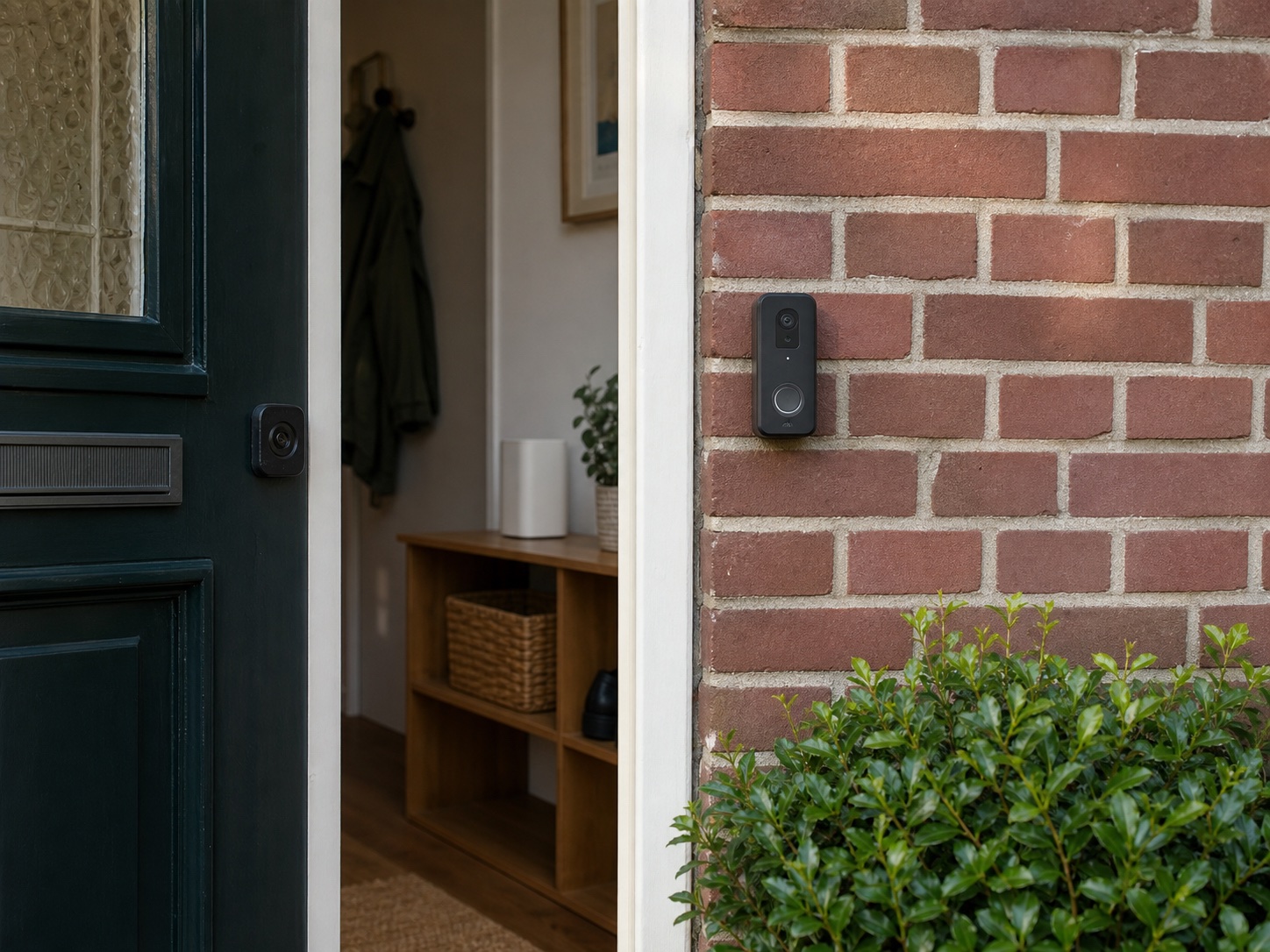 Merkneutrale videodeurbel bij een Nederlandse voordeur met rustige thuiscontext voor opslag en privacy