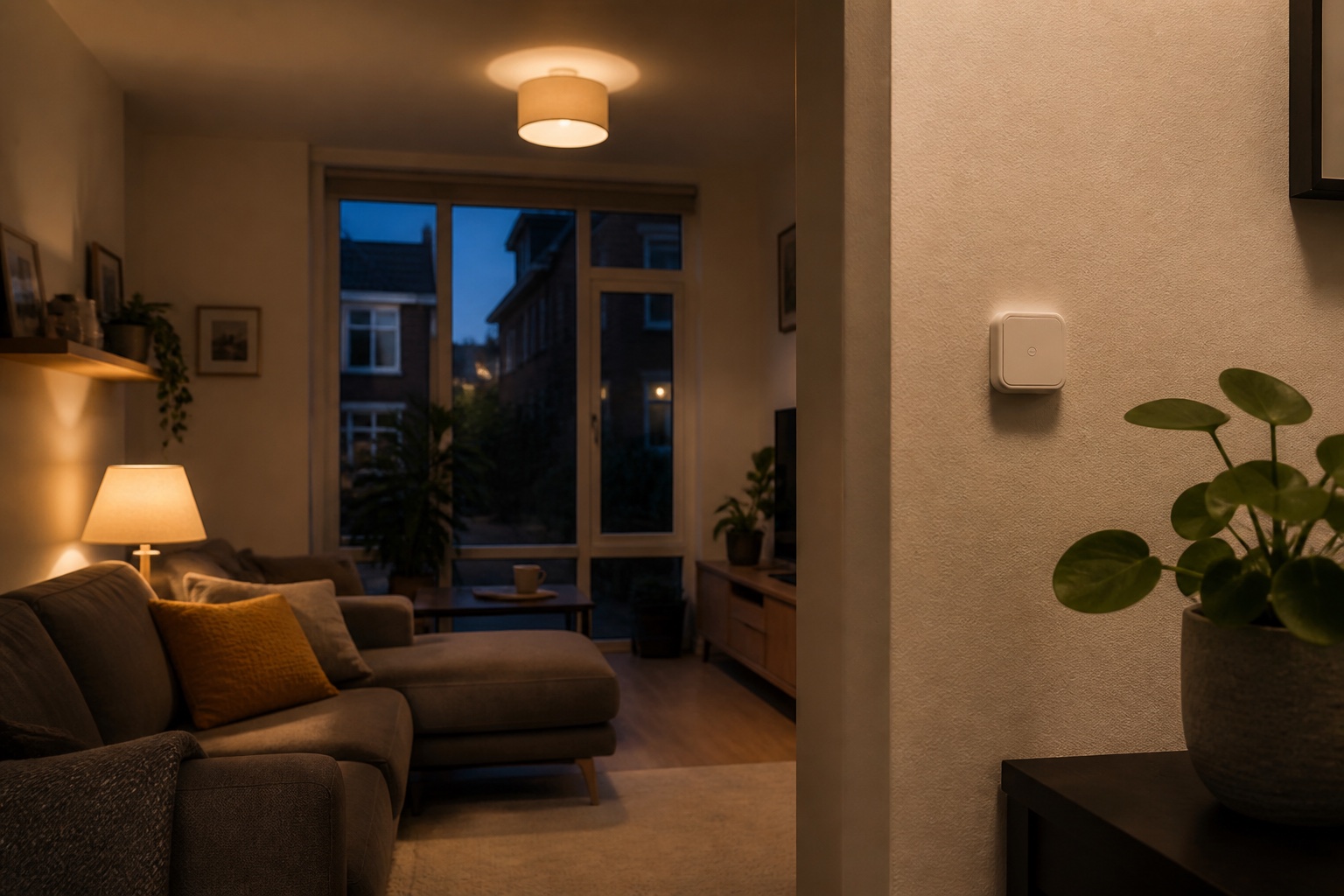 Woonkamer met lamp en fysieke draadloze knop als context voor betrouwbare slimme verlichting