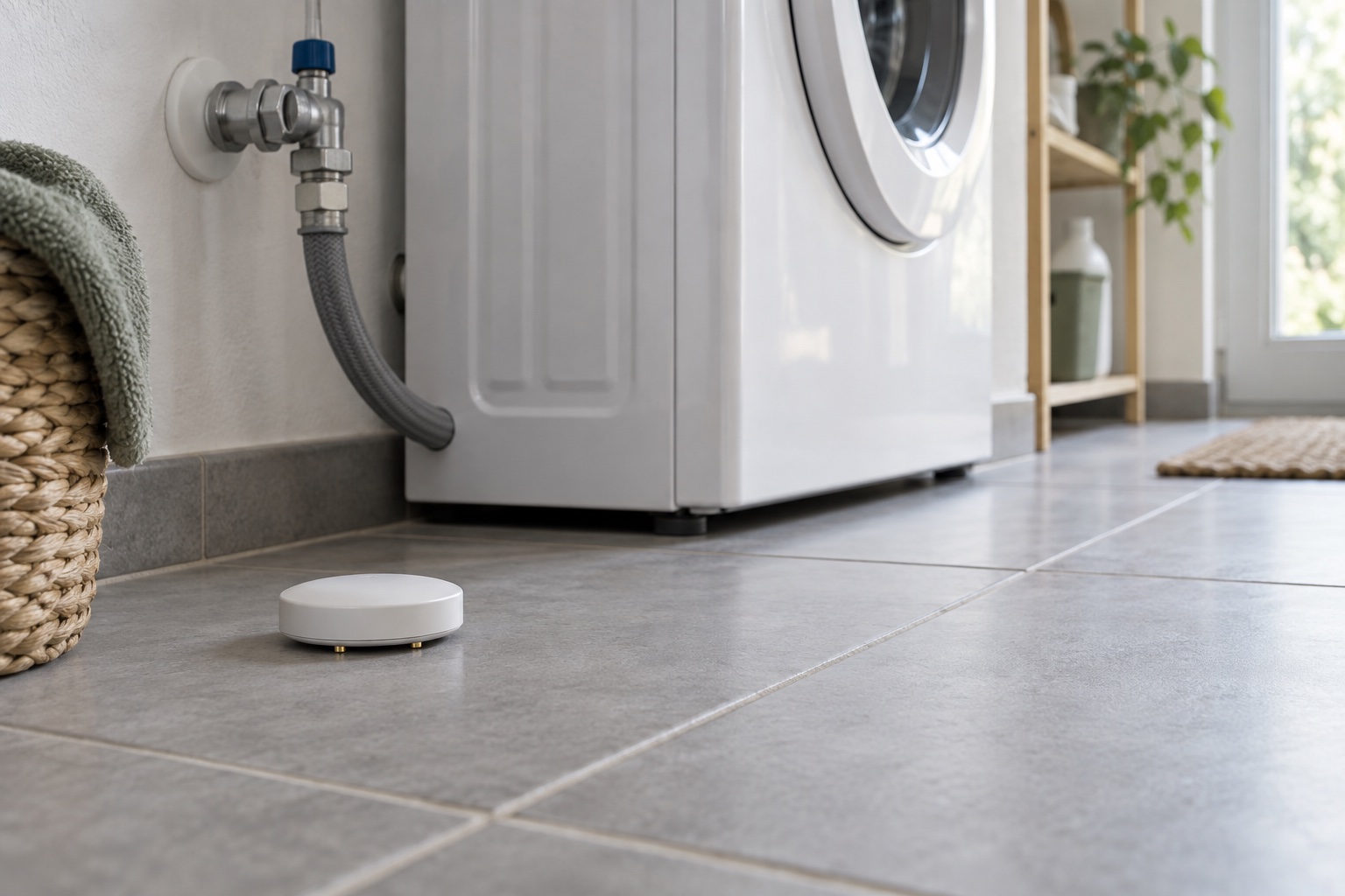 Merkneutrale waterleksensor op een bereikbare tegelvloer naast een wasmachineaansluiting als context voor een bewuste keuze