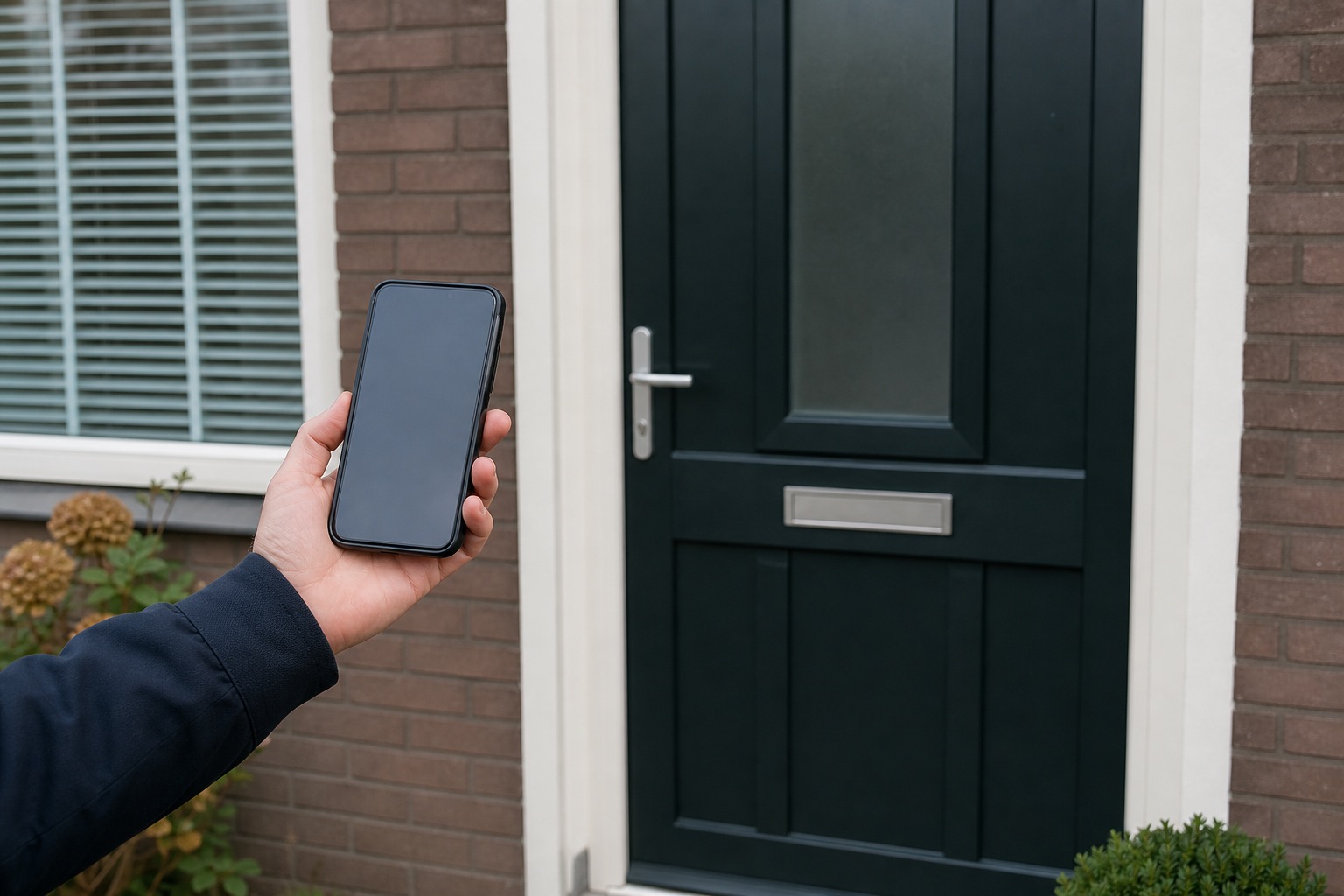 Telefoon bij een gesloten voordeur tijdens een praktijktest van wifi voor een slimme deurbel
