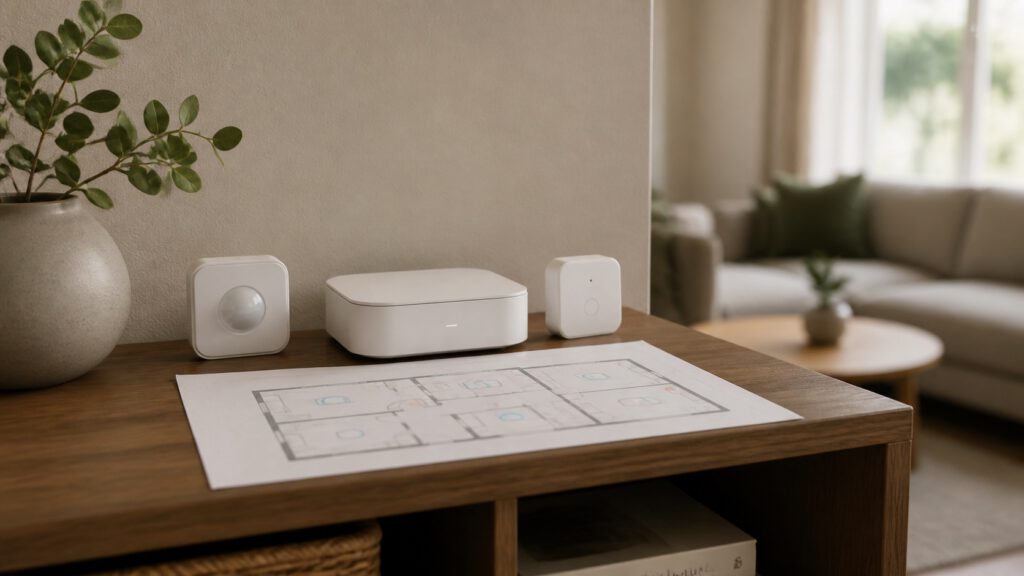 Merkneutrale hub en twee sensoren op een warme houten plank met een schematische plattegrond op de voorgrond