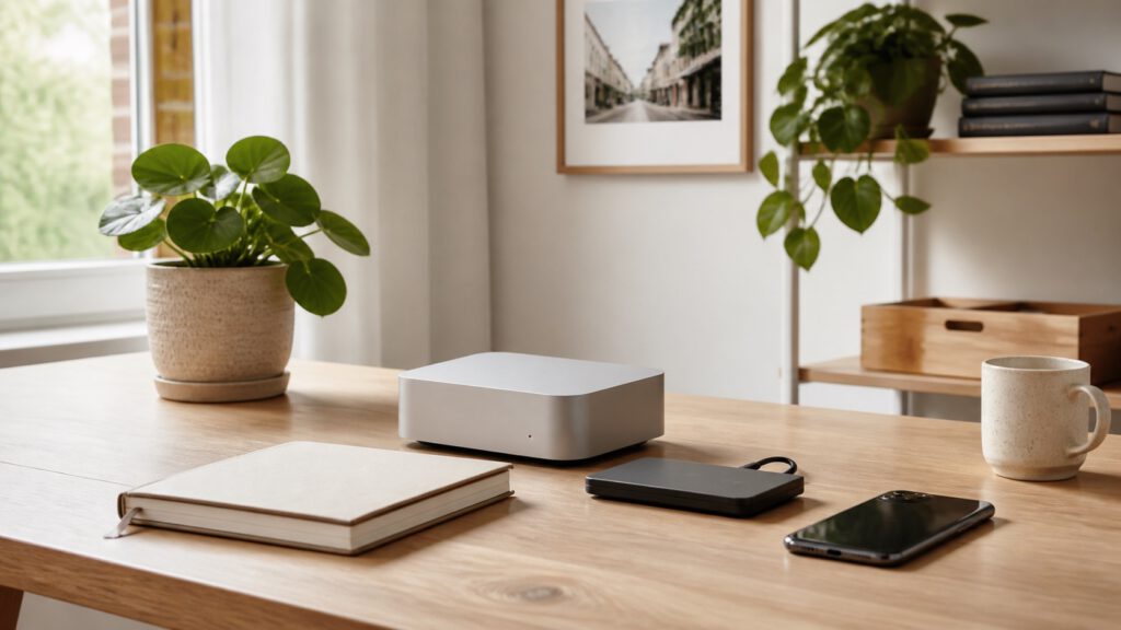 Merkneutrale compacte computer met externe schijf en notitieboek tijdens rustig onderhoud aan een slimme woning