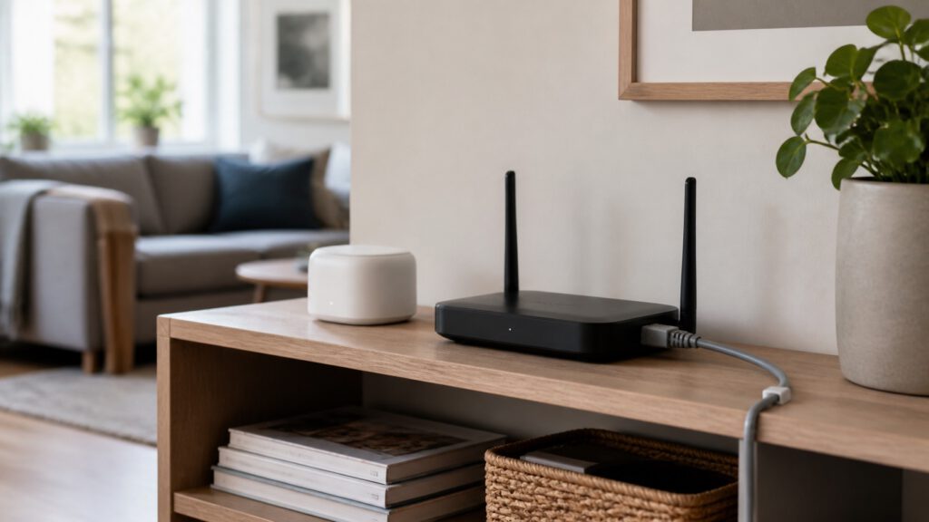 Merkneutrale router en compacte hub met een zichtbare ethernetkabel op een rustige plank