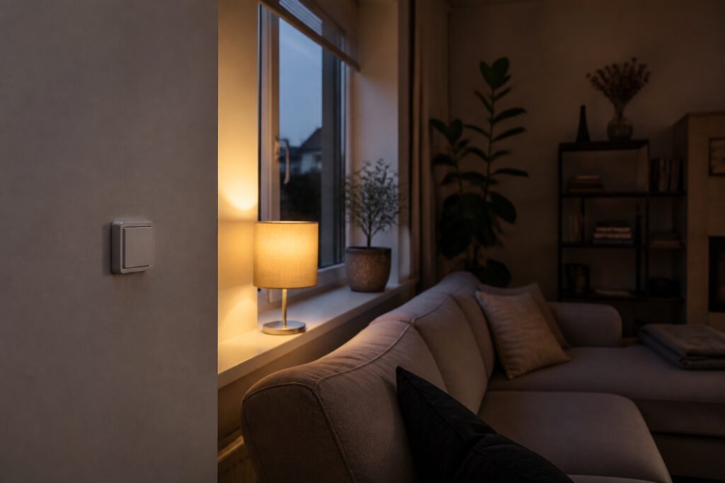 Lichtschakelaar als context voor een rustige vakantiemodus met verlichting