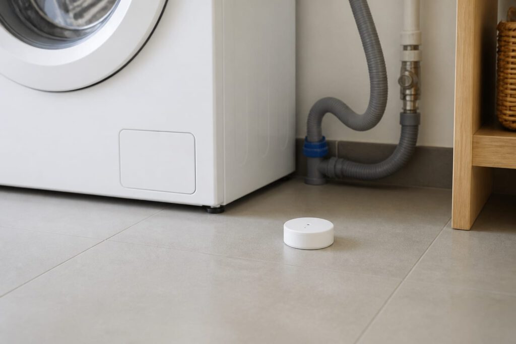 Merkneutrale waterleksensor op de vloer bij een wasmachine als plaatsingscontext