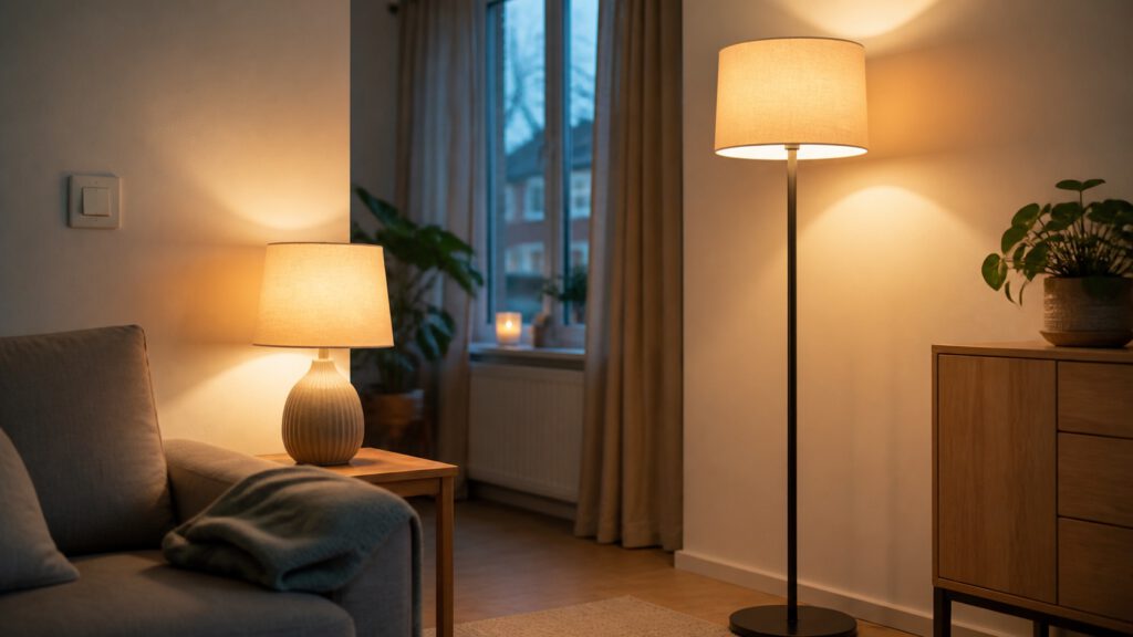 Twee merkneutrale lampen en een zichtbare wandschakelaar in een rustige Nederlandse woonkamer