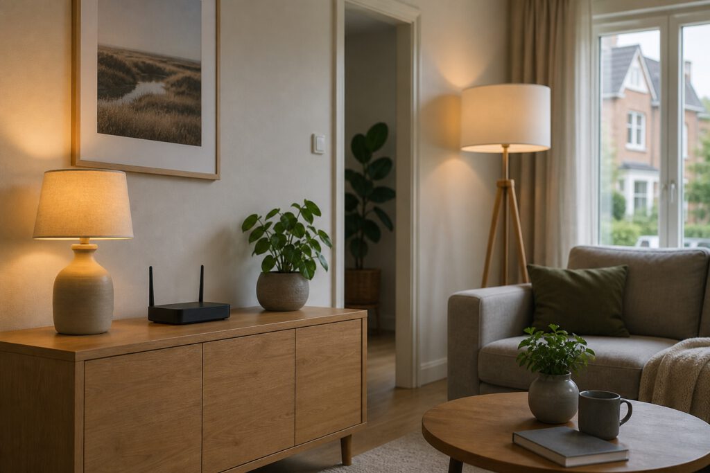 Rustige woonkamer met lampen en een router als context voor de keuze tussen Zigbee en wifi-verlichting