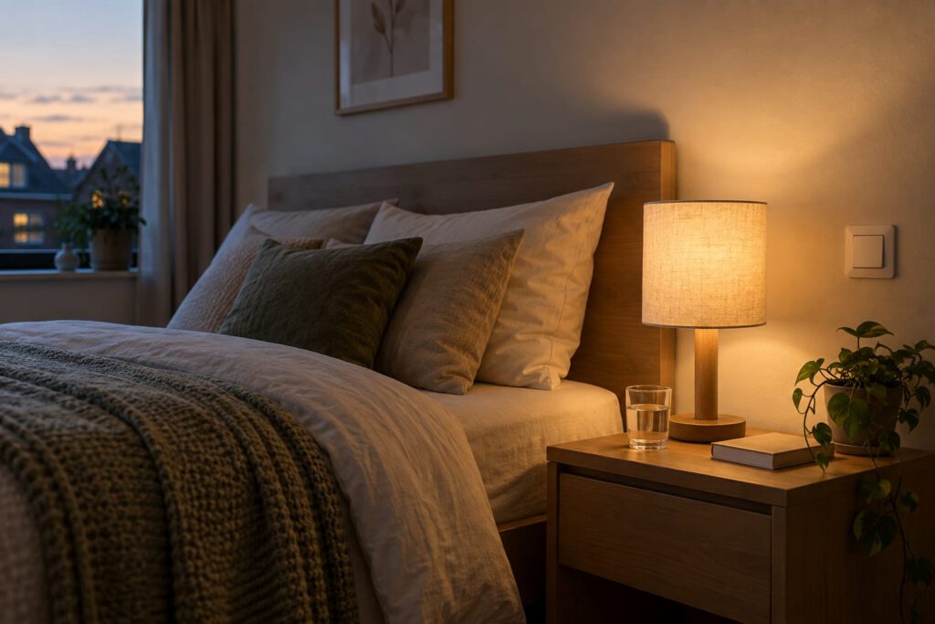 Rustige slaapkamer met een leeslamp naast het bed en een bruikbare fysieke lichtbediening
