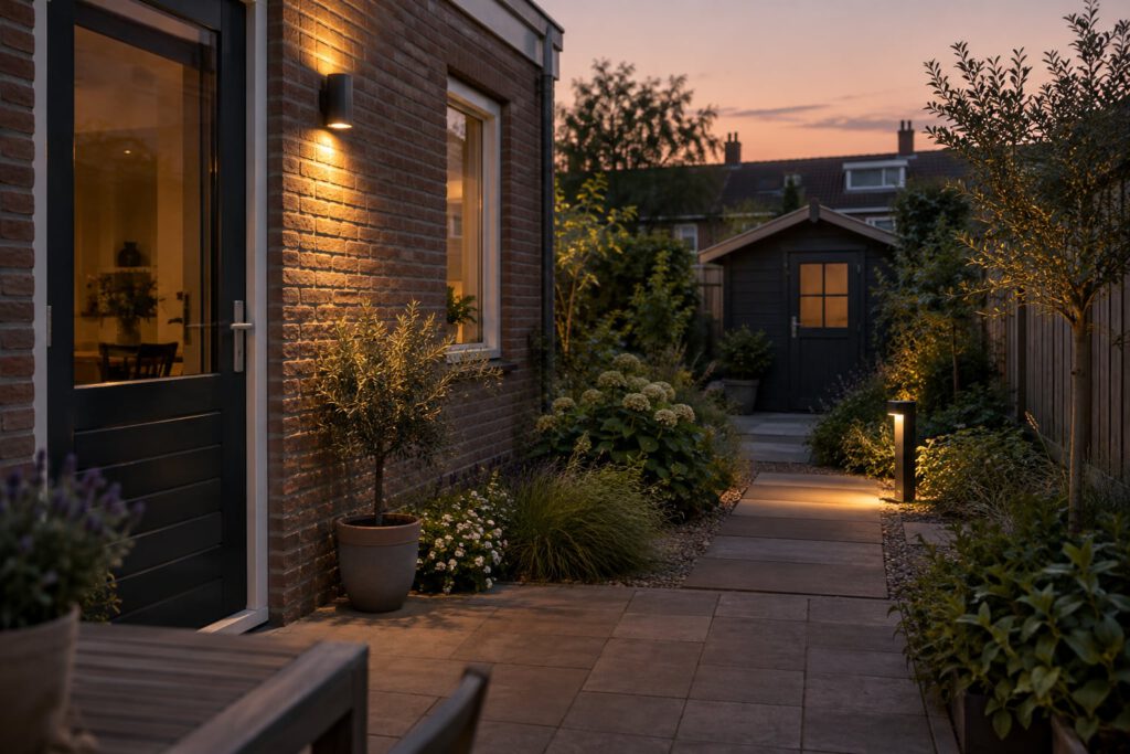 Rustige Nederlandse tuin bij schemering met subtiele buitenverlichting en een zichtbare handmatige bediening