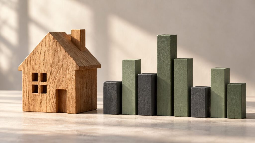 Houten huisje naast grijze en groene balken van wisselende hoogte als illustratie van schommelende energieprijzen